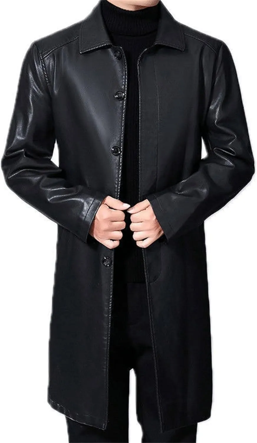 Mens Long Warm Leather Coat Winter Thicken Bomber PU Jacket Button Style Motorcycle Leathers Coats