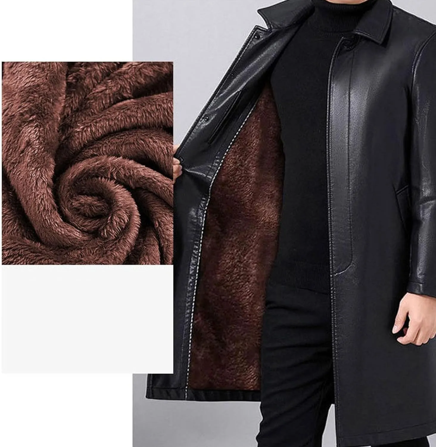 Mens Long Warm Leather Coat Winter Thicken Bomber PU Jacket Button Style Motorcycle Leathers Coats