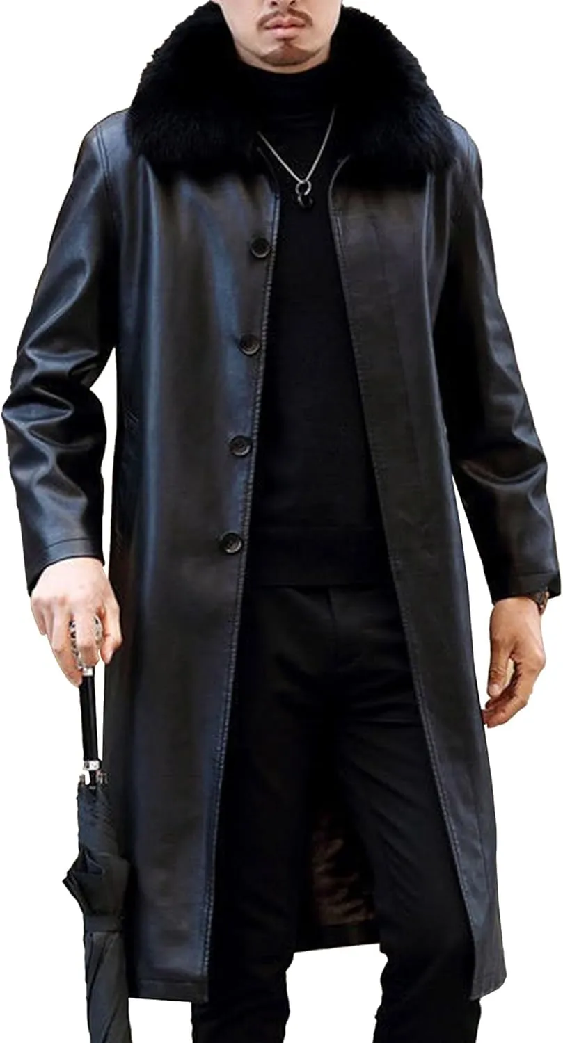 Mens Long Warm Leather Coat Winter Thicken Bomber PU Jacket Button Style Motorcycle Leathers Coats