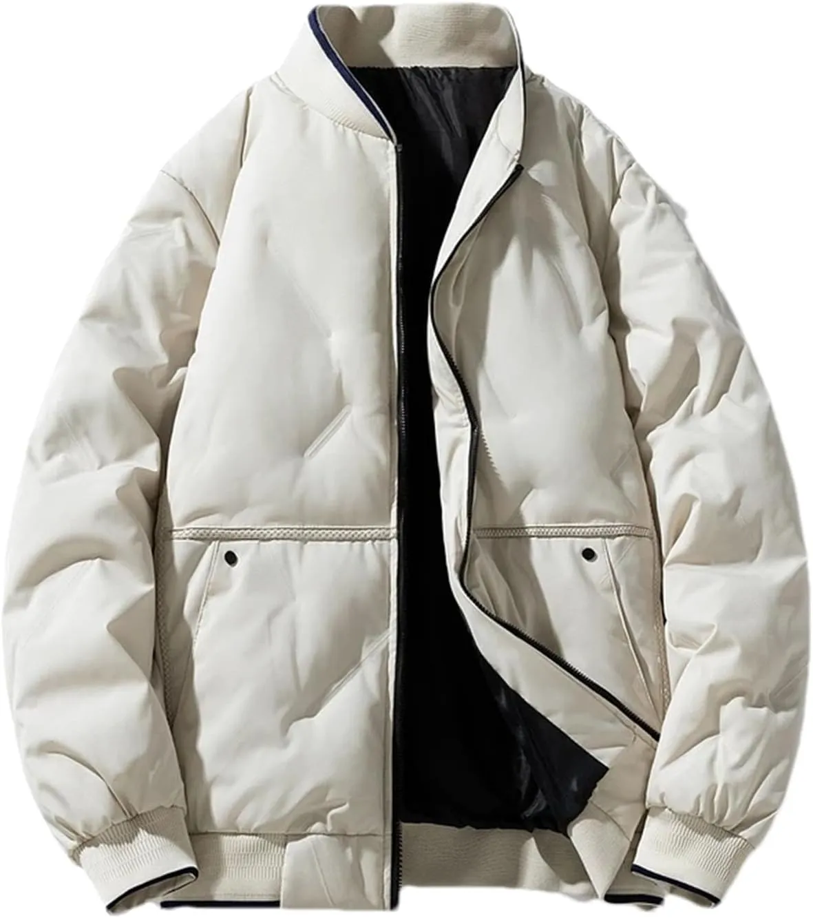 Men's Mock Neck Patchwork Zipper Cotton-Padded Vintage Thick Pockets Long Sleeve Parka Coat
