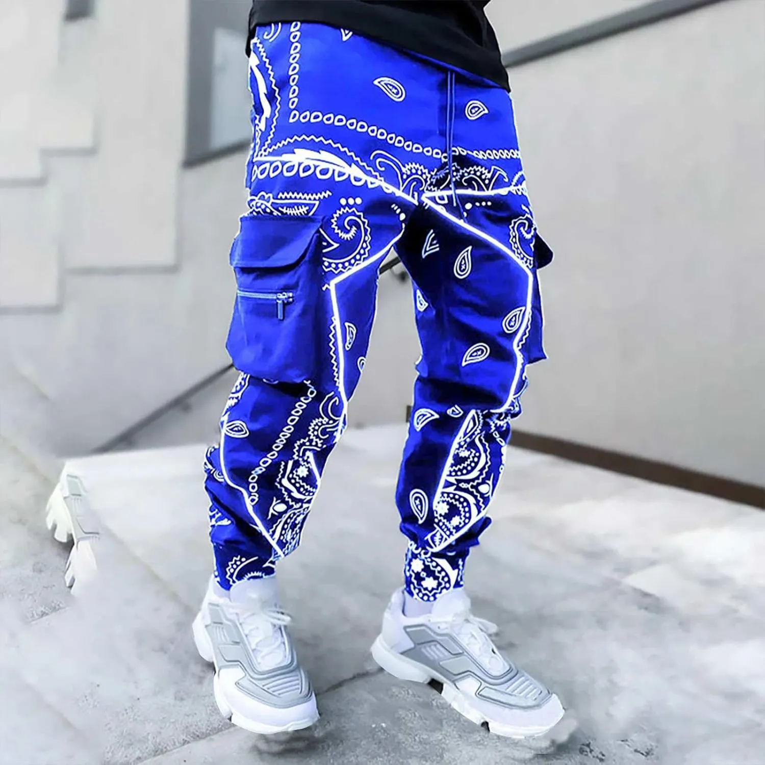 Mens Punk Cargo Pants Baggy Techwear Streetwear Paisley Hip Hop Loose Harem Jogger Pants Military Tactical Track Pant