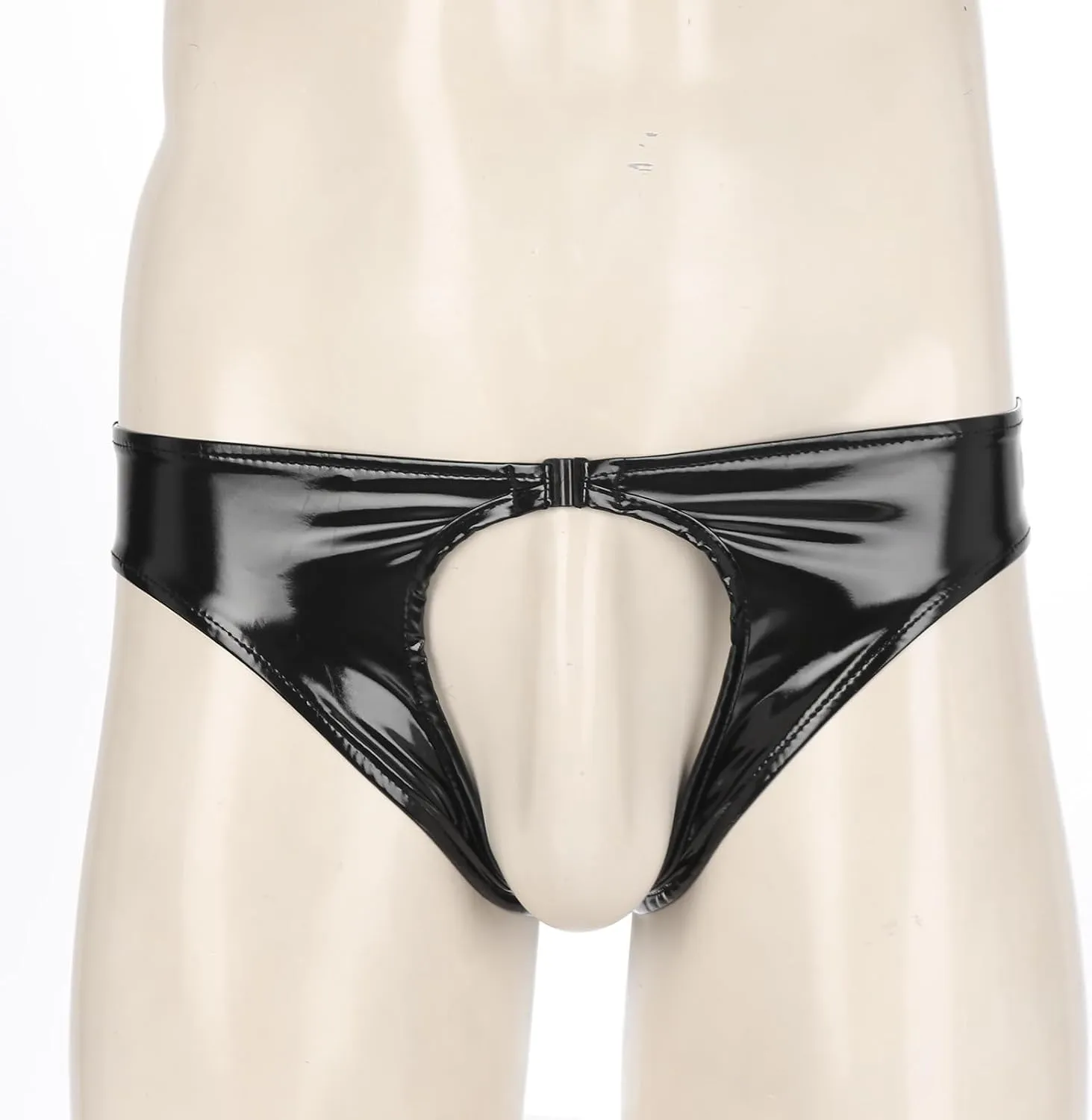 Mens PVC Shiny Leather Tight Short Pants Solid Buckled Crotchless Boxer Shorts Hot Pants