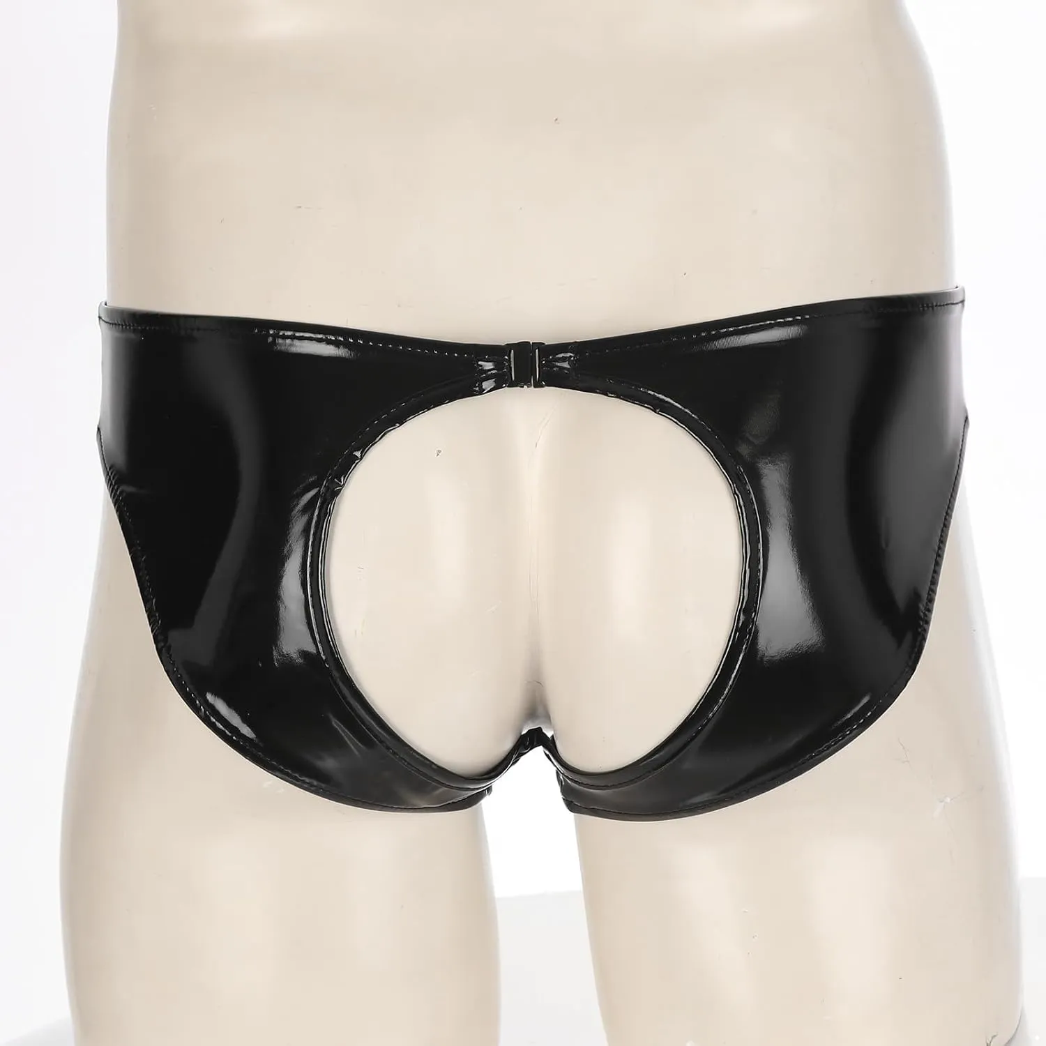Mens PVC Shiny Leather Tight Short Pants Solid Buckled Crotchless Boxer Shorts Hot Pants