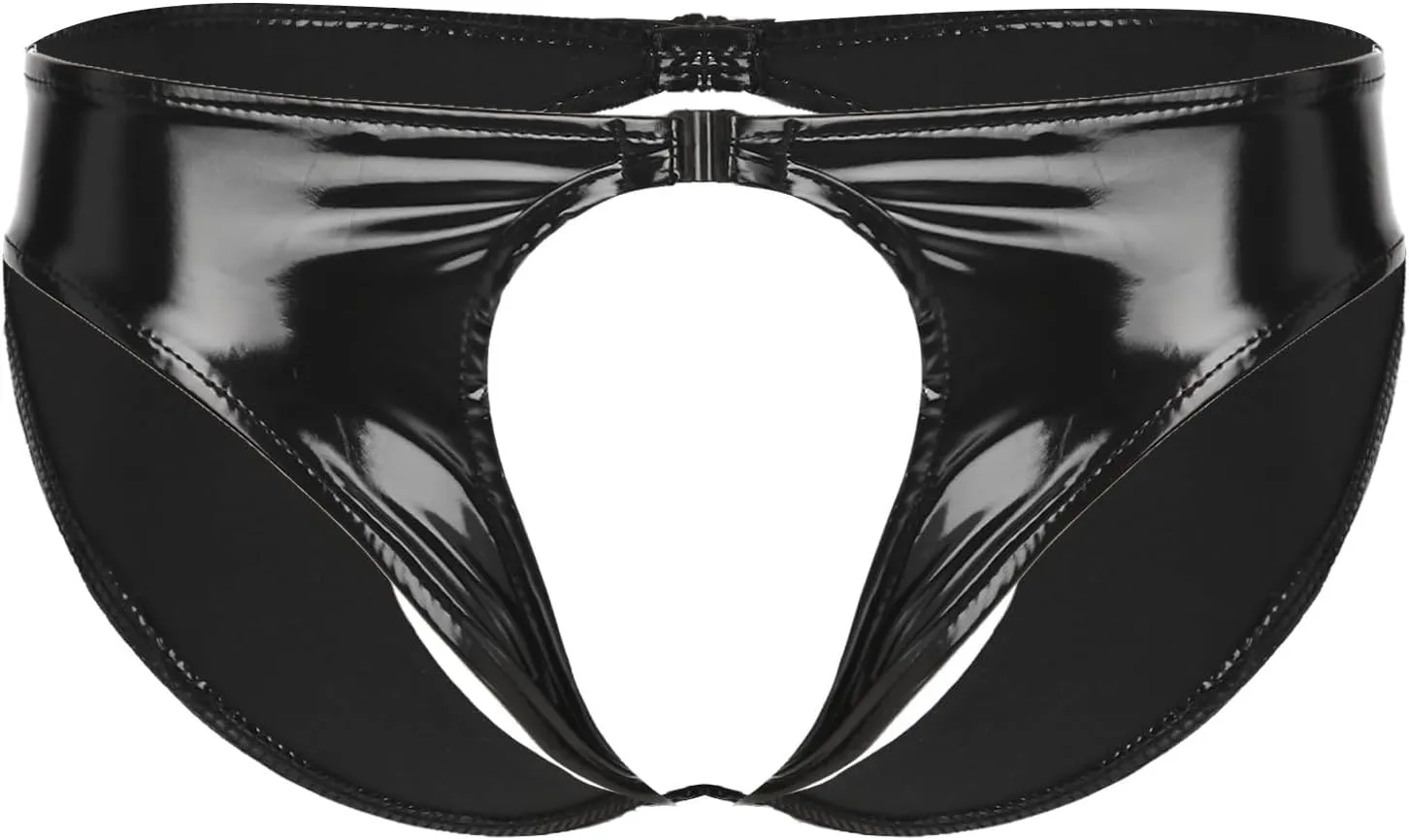 Mens PVC Shiny Leather Tight Short Pants Solid Buckled Crotchless Boxer Shorts Hot Pants