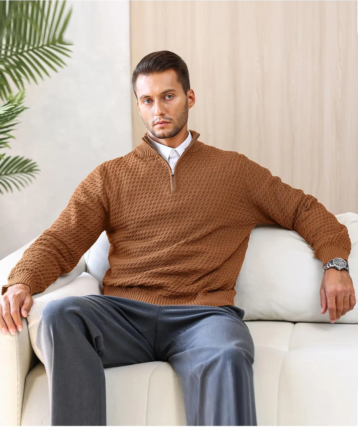 Men's Quarter Zip Pullover Sweater Slim Fit Business Casual Cable Knit Lightweight Long Sleeve Sweaters