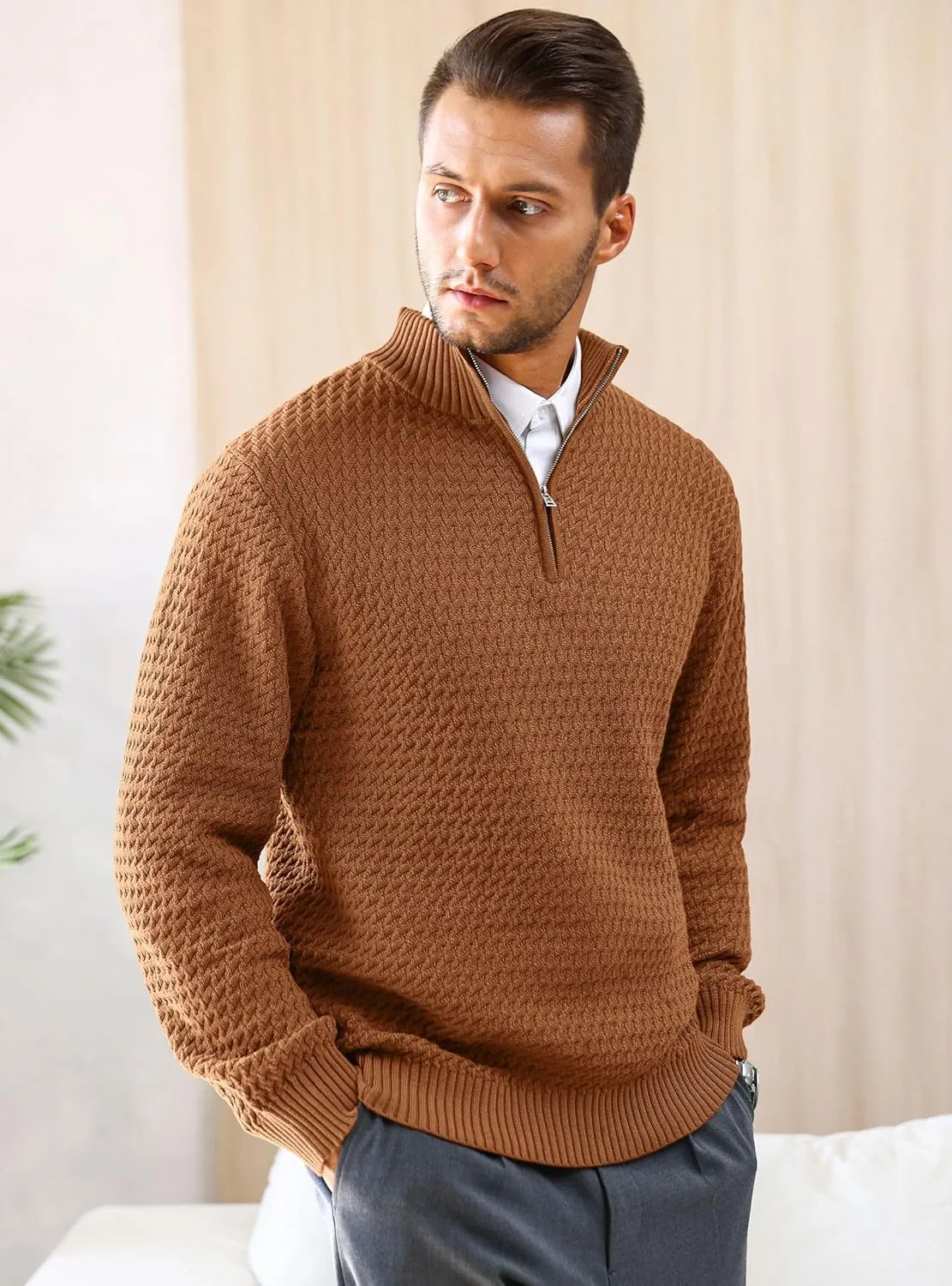 Men's Quarter Zip Pullover Sweater Slim Fit Business Casual Cable Knit Lightweight Long Sleeve Sweaters