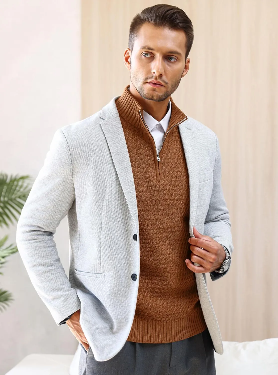 Men's Quarter Zip Pullover Sweater Slim Fit Business Casual Cable Knit Lightweight Long Sleeve Sweaters