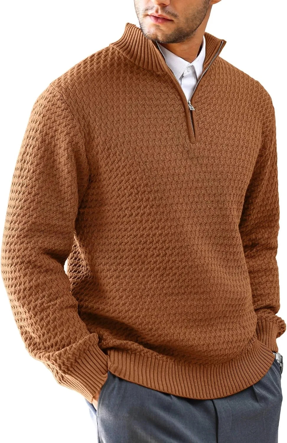 Men's Quarter Zip Pullover Sweater Slim Fit Business Casual Cable Knit Lightweight Long Sleeve Sweaters