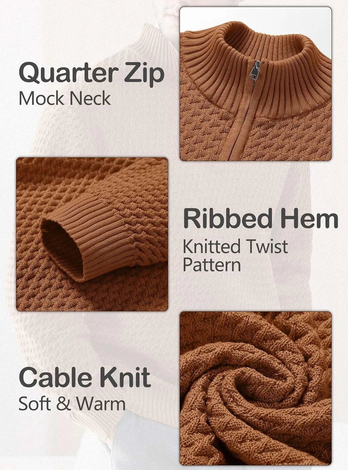 Men's Quarter Zip Pullover Sweater Slim Fit Business Casual Cable Knit Lightweight Long Sleeve Sweaters