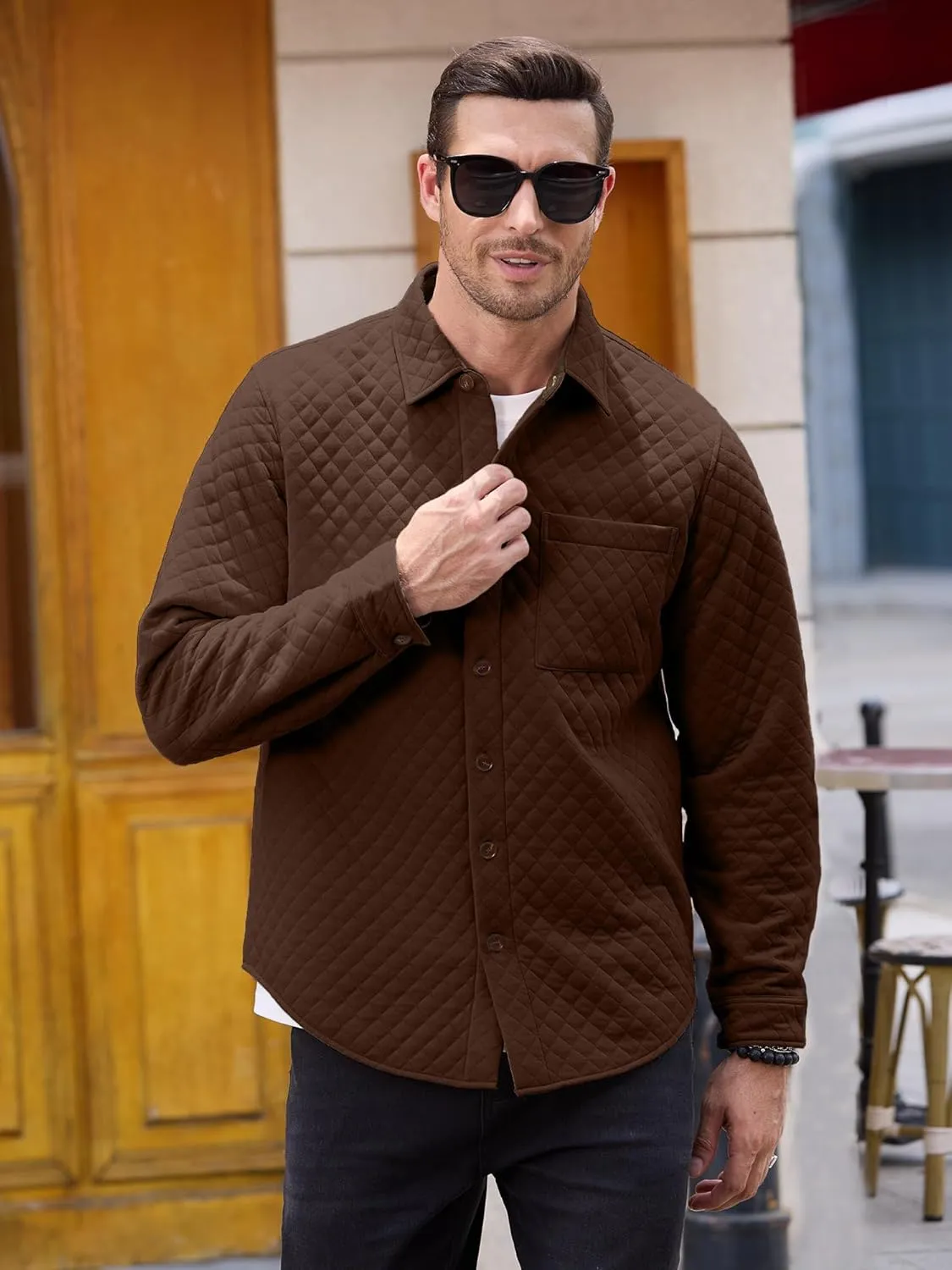 Mens Shacket Long Sleeve Shirt Jacket with Pockets Lightweight Quilted Overshirt