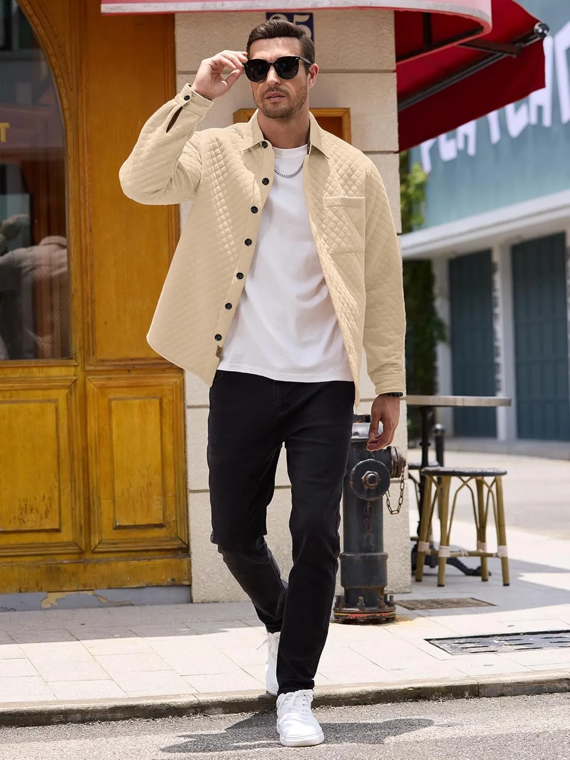 Mens Shacket Long Sleeve Shirt Jacket with Pockets Lightweight Quilted Overshirt