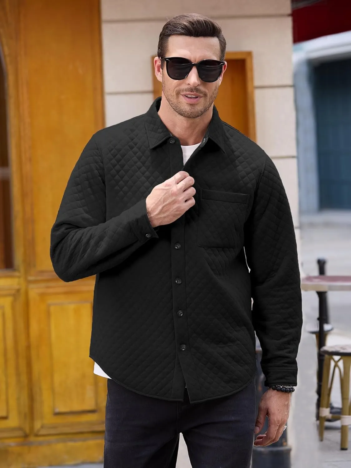 Mens Shacket Long Sleeve Shirt Jacket with Pockets Lightweight Quilted Overshirt