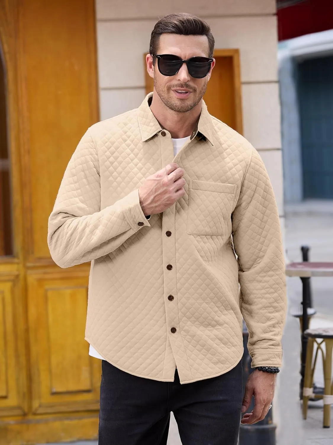 Mens Shacket Long Sleeve Shirt Jacket with Pockets Lightweight Quilted Overshirt