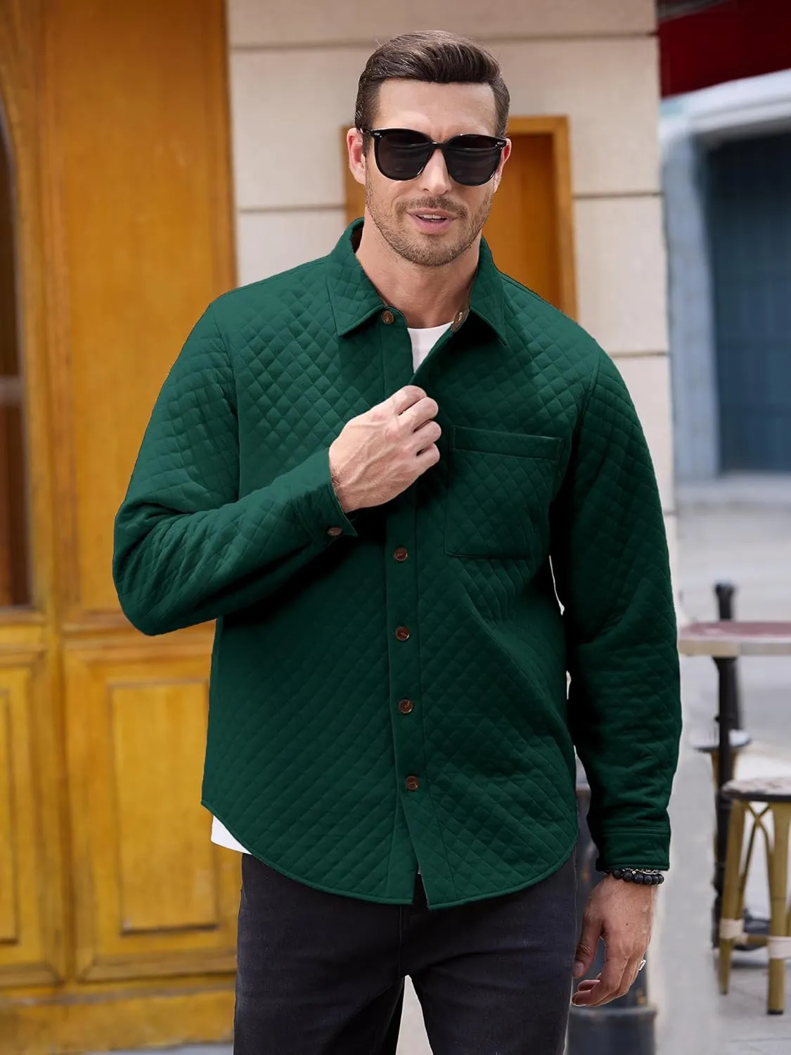 Mens Shacket Long Sleeve Shirt Jacket with Pockets Lightweight Quilted Overshirt