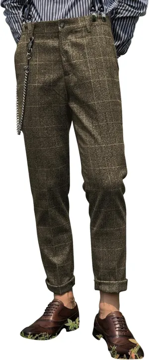 Mens Slim Fit Herringbone Tweed Wool Plaid Trousers Retro Dress Business Suit Pants