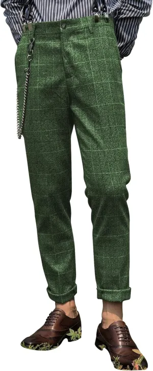 Mens Slim Fit Herringbone Tweed Wool Plaid Trousers Retro Dress Business Suit Pants