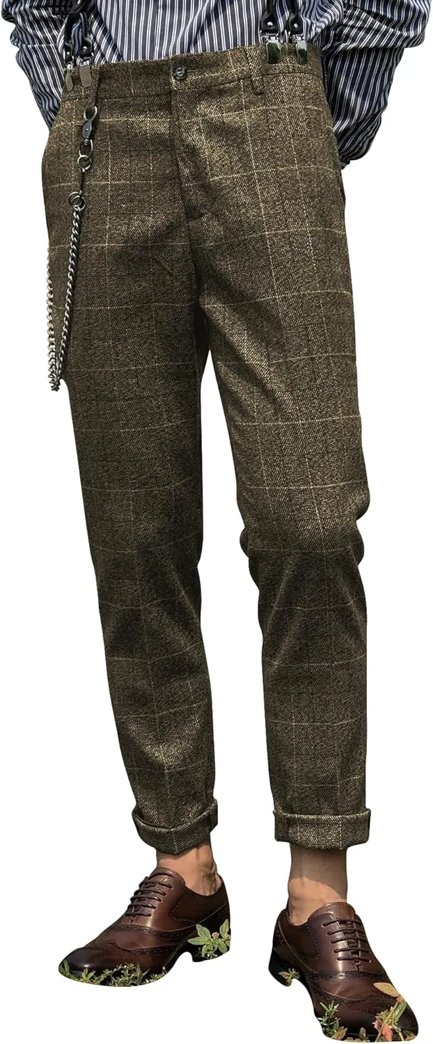 Mens Slim Fit Herringbone Tweed Wool Plaid Trousers Retro Dress Business Suit Pants