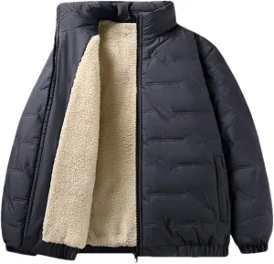Men's Solid Stand Collar Zipper Cotton-Padded Vintage Thick Warm Outdoor Plush Parka Coat