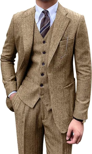 Men's Suit 3 Piece Herringbone Tweed Suit for Men Slim Fit Suit Set Formal Wedding Prom Tuxedo Business Tweed Suit