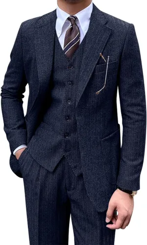 Men's Suit 3 Piece Herringbone Tweed Suit for Men Slim Fit Suit Set Formal Wedding Prom Tuxedo Business Tweed Suit