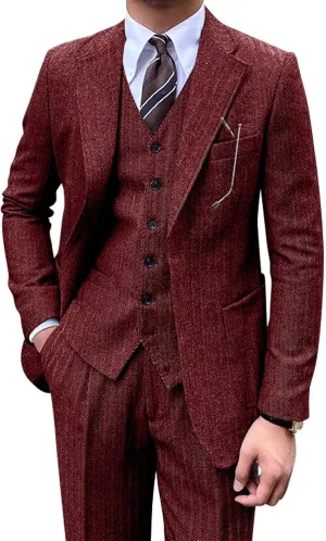 Men's Suit 3 Piece Herringbone Tweed Suit for Men Slim Fit Suit Set Formal Wedding Prom Tuxedo Business Tweed Suit