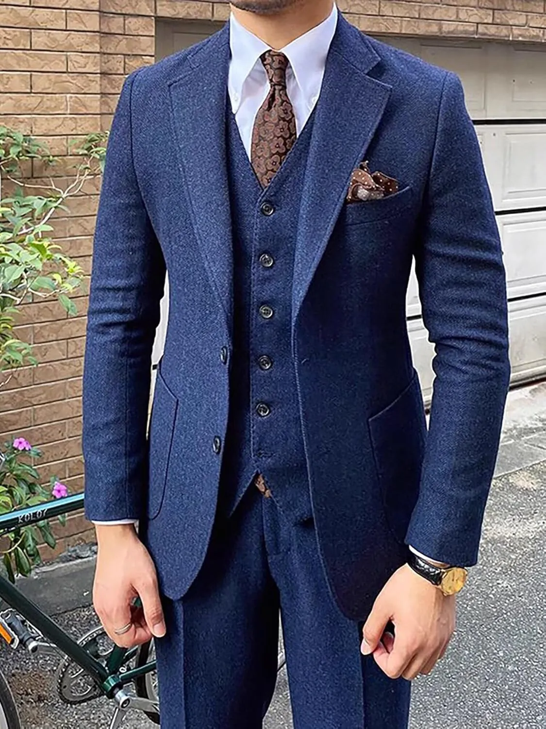 Men's Suit 3 Piece Herringbone Tweed Suit for Men Slim Fit Suit Set Formal Wedding Prom Tuxedo Business Tweed Suit