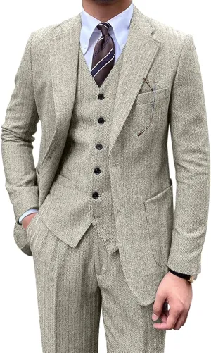 Men's Suit 3 Piece Herringbone Tweed Suit for Men Slim Fit Suit Set Formal Wedding Prom Tuxedo Business Tweed Suit