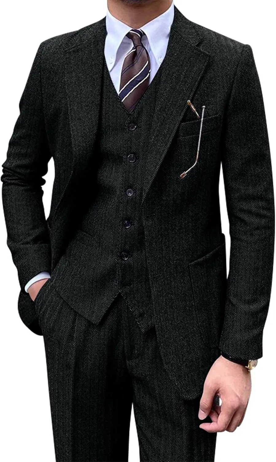Men's Suit 3 Piece Herringbone Tweed Suit for Men Slim Fit Suit Set Formal Wedding Prom Tuxedo Business Tweed Suit