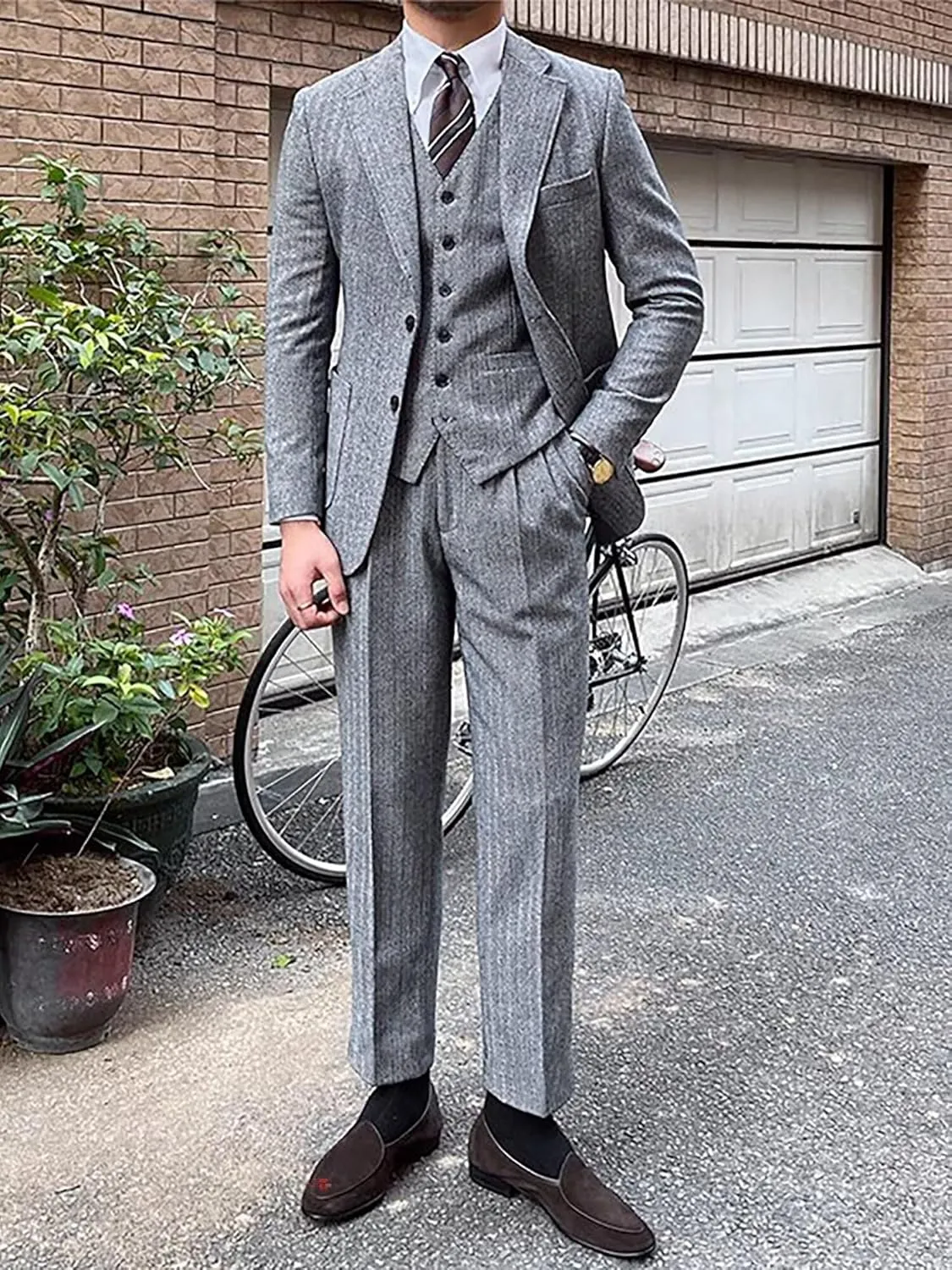 Men's Suit 3 Piece Herringbone Tweed Suit for Men Slim Fit Suit Set Formal Wedding Prom Tuxedo Business Tweed Suit