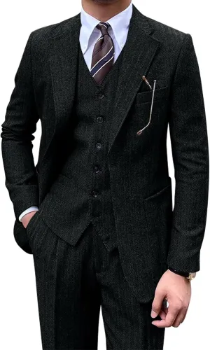 Men's Suit 3 Piece Herringbone Tweed Suit for Men Slim Fit Suit Set Formal Wedding Prom Tuxedo Business Tweed Suit