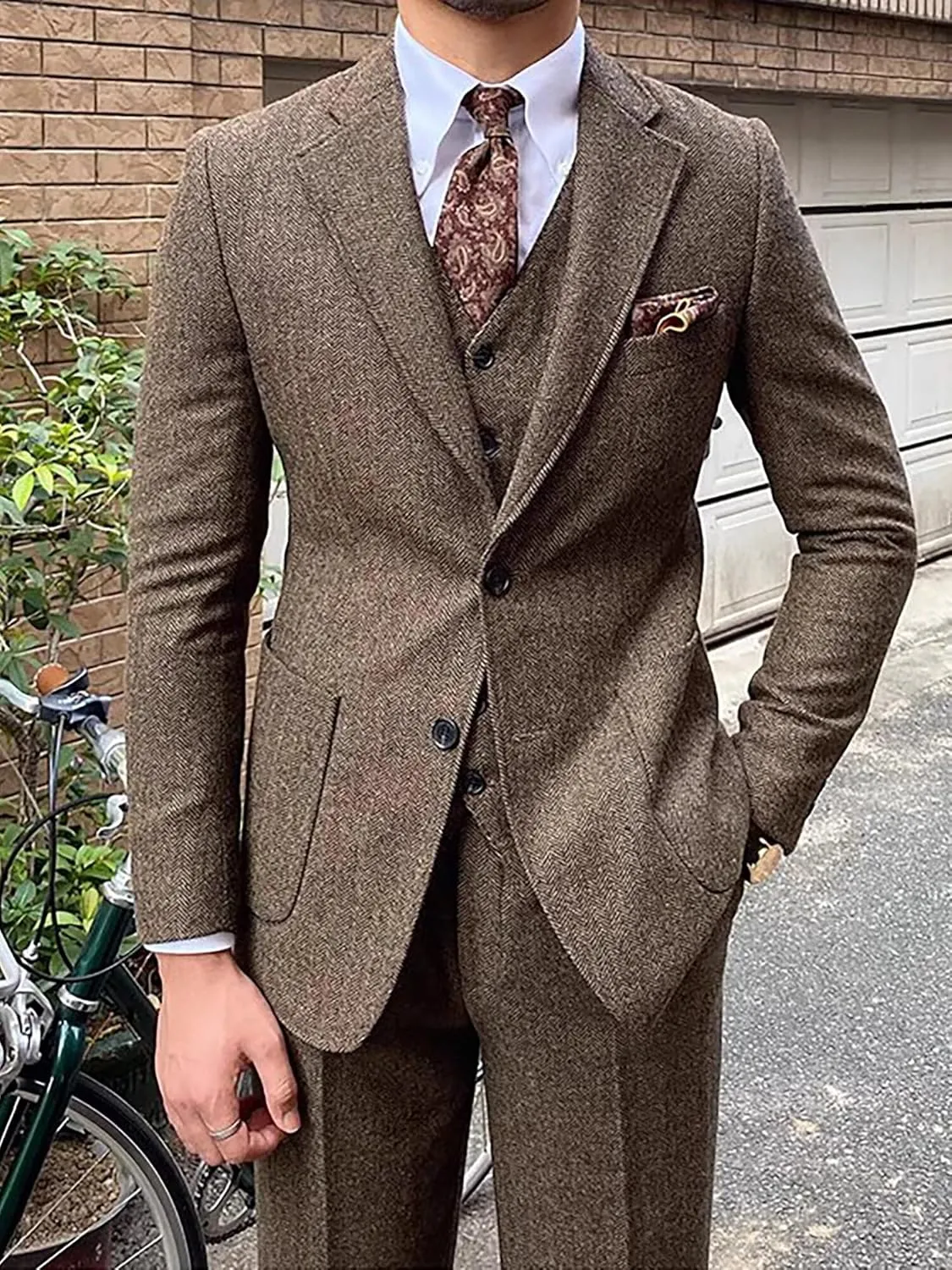 Men's Suit 3 Piece Herringbone Tweed Suit for Men Slim Fit Suit Set Formal Wedding Prom Tuxedo Business Tweed Suit