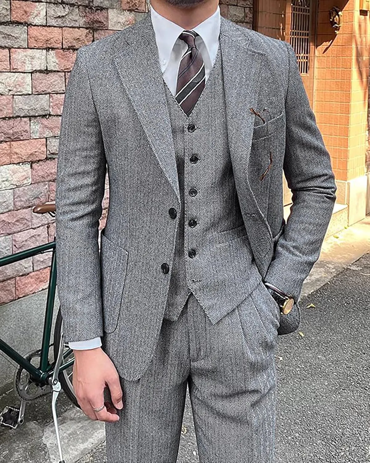 Men's Suit 3 Piece Herringbone Tweed Suit for Men Slim Fit Suit Set Formal Wedding Prom Tuxedo Business Tweed Suit