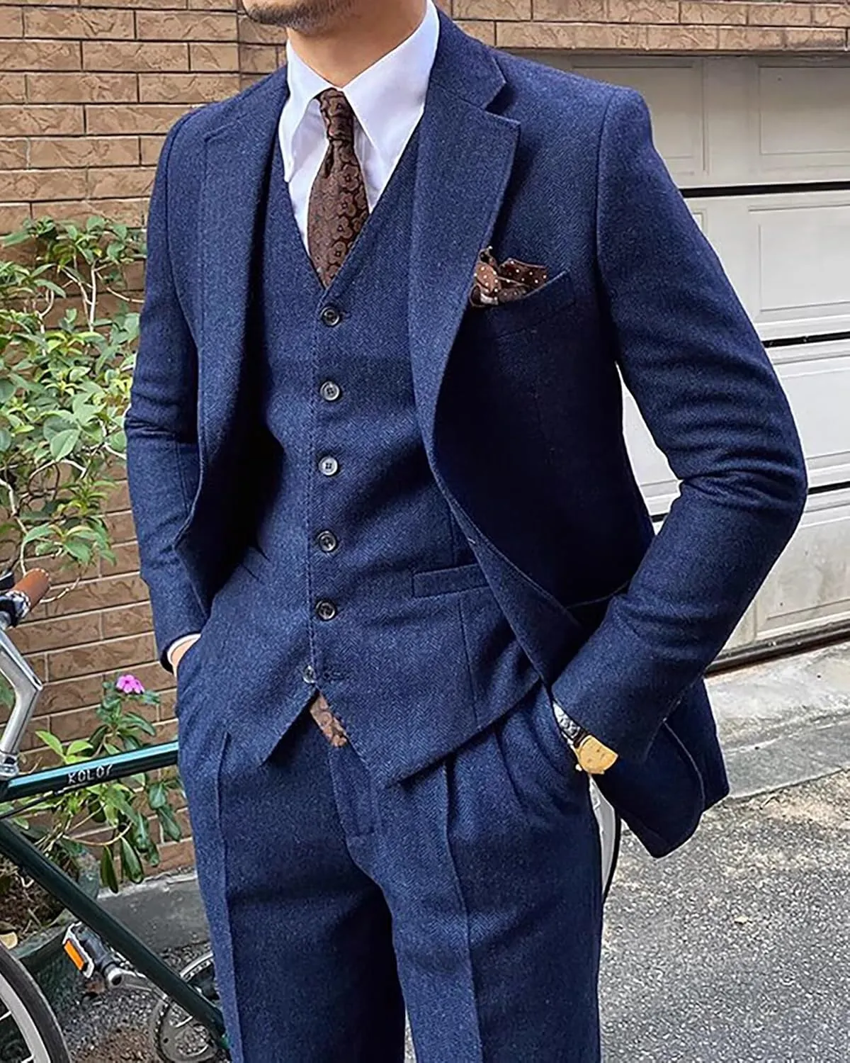 Men's Suit 3 Piece Herringbone Tweed Suit for Men Slim Fit Suit Set Formal Wedding Prom Tuxedo Business Tweed Suit