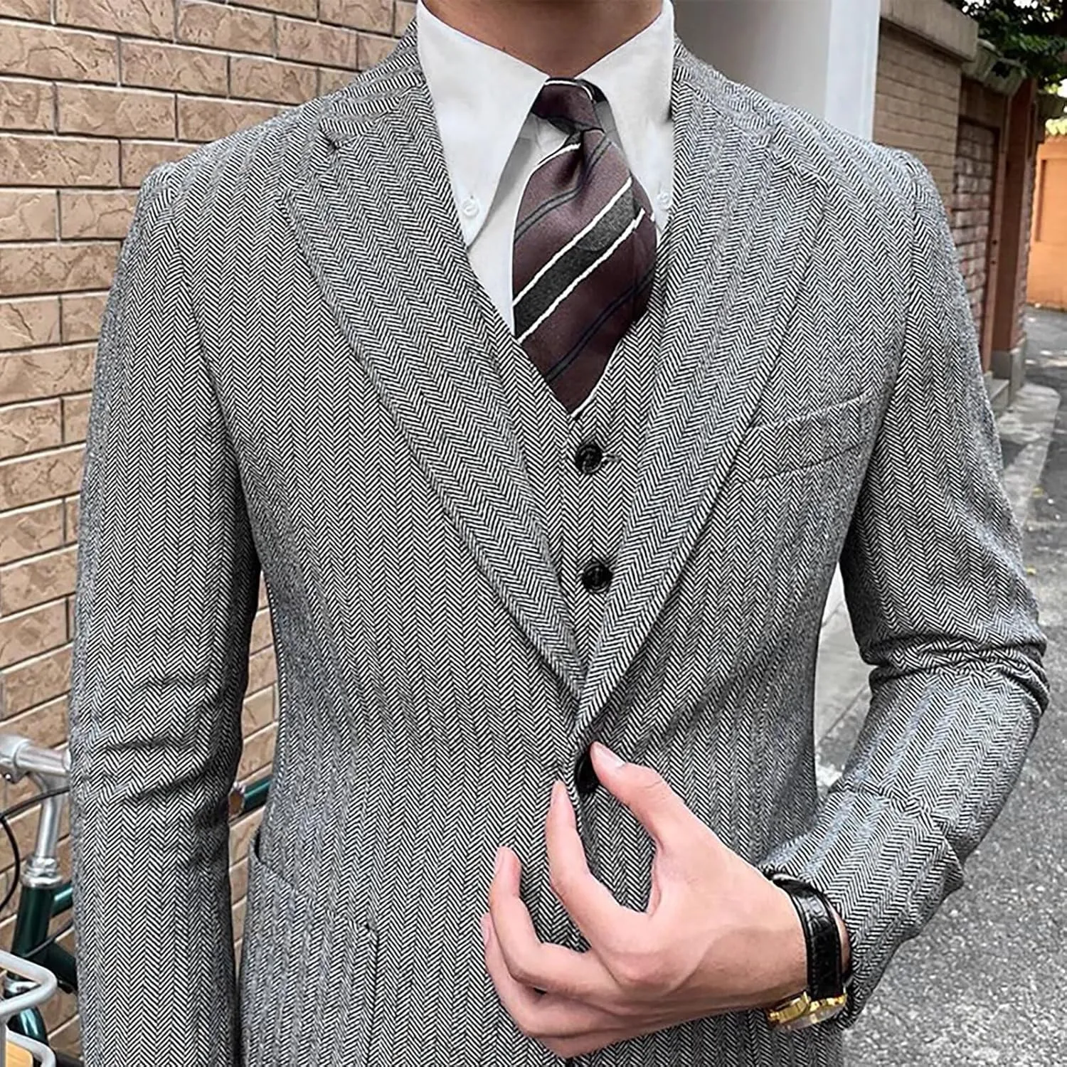 Men's Suit 3 Piece Herringbone Tweed Suit for Men Slim Fit Suit Set Formal Wedding Prom Tuxedo Business Tweed Suit