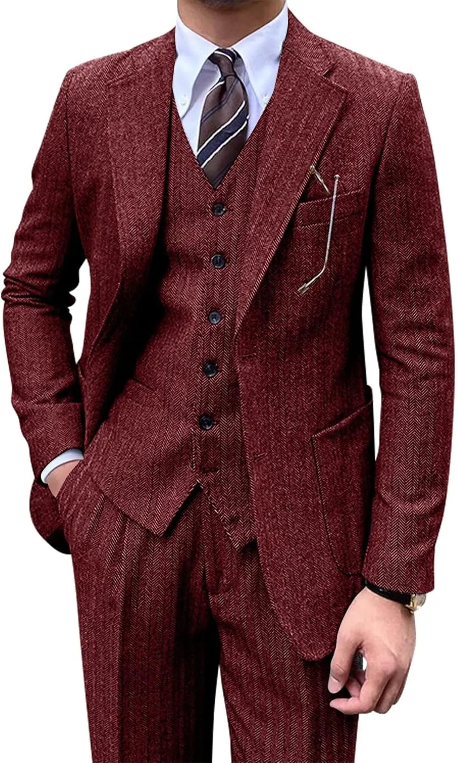 Men's Suit 3 Piece Herringbone Tweed Suit for Men Slim Fit Suit Set Formal Wedding Prom Tuxedo Business Tweed Suit