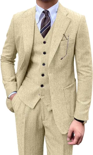 Men's Suit 3 Piece Herringbone Tweed Suit for Men Slim Fit Suit Set Formal Wedding Prom Tuxedo Business Tweed Suit