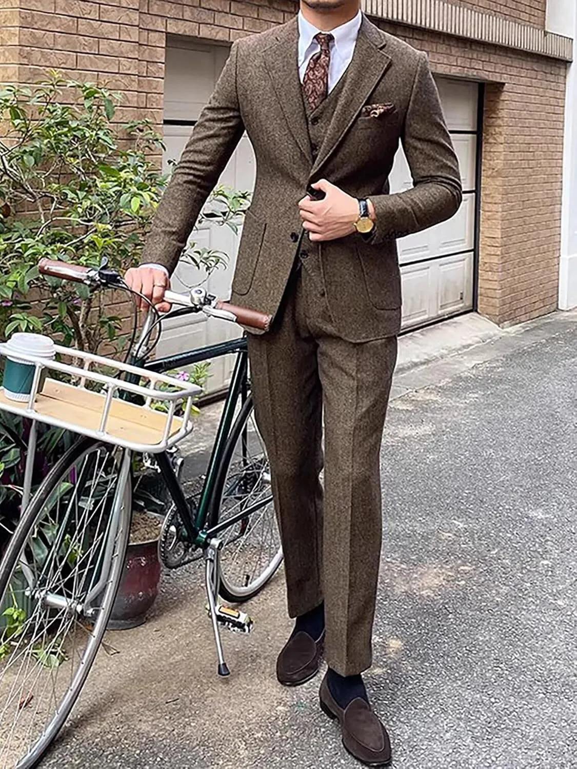 Men's Suit 3 Piece Herringbone Tweed Suit for Men Slim Fit Suit Set Formal Wedding Prom Tuxedo Business Tweed Suit