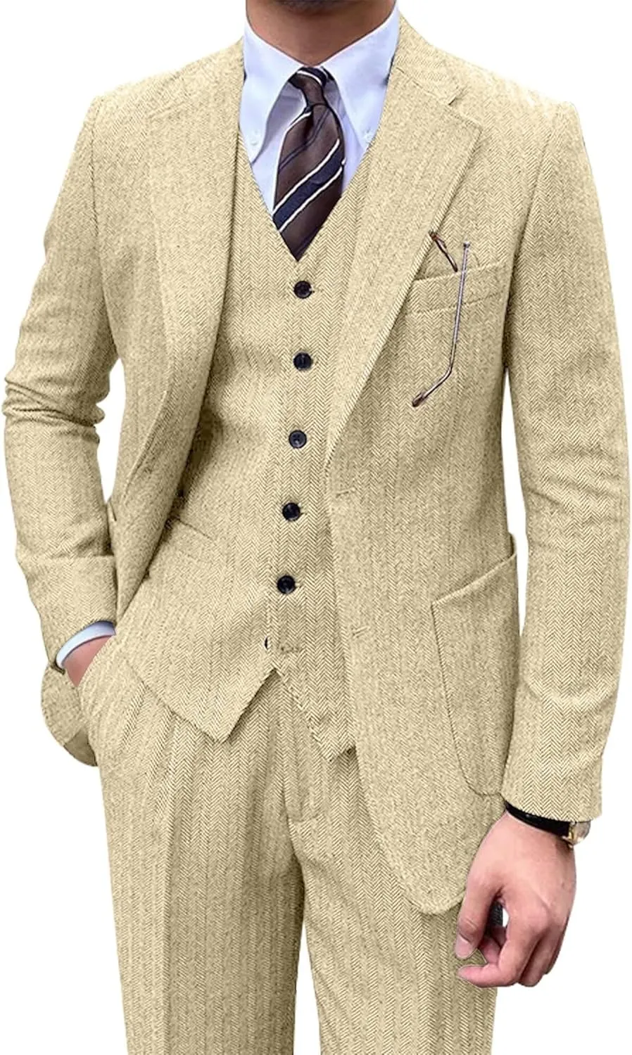 Men's Suit 3 Piece Herringbone Tweed Suit for Men Slim Fit Suit Set Formal Wedding Prom Tuxedo Business Tweed Suit