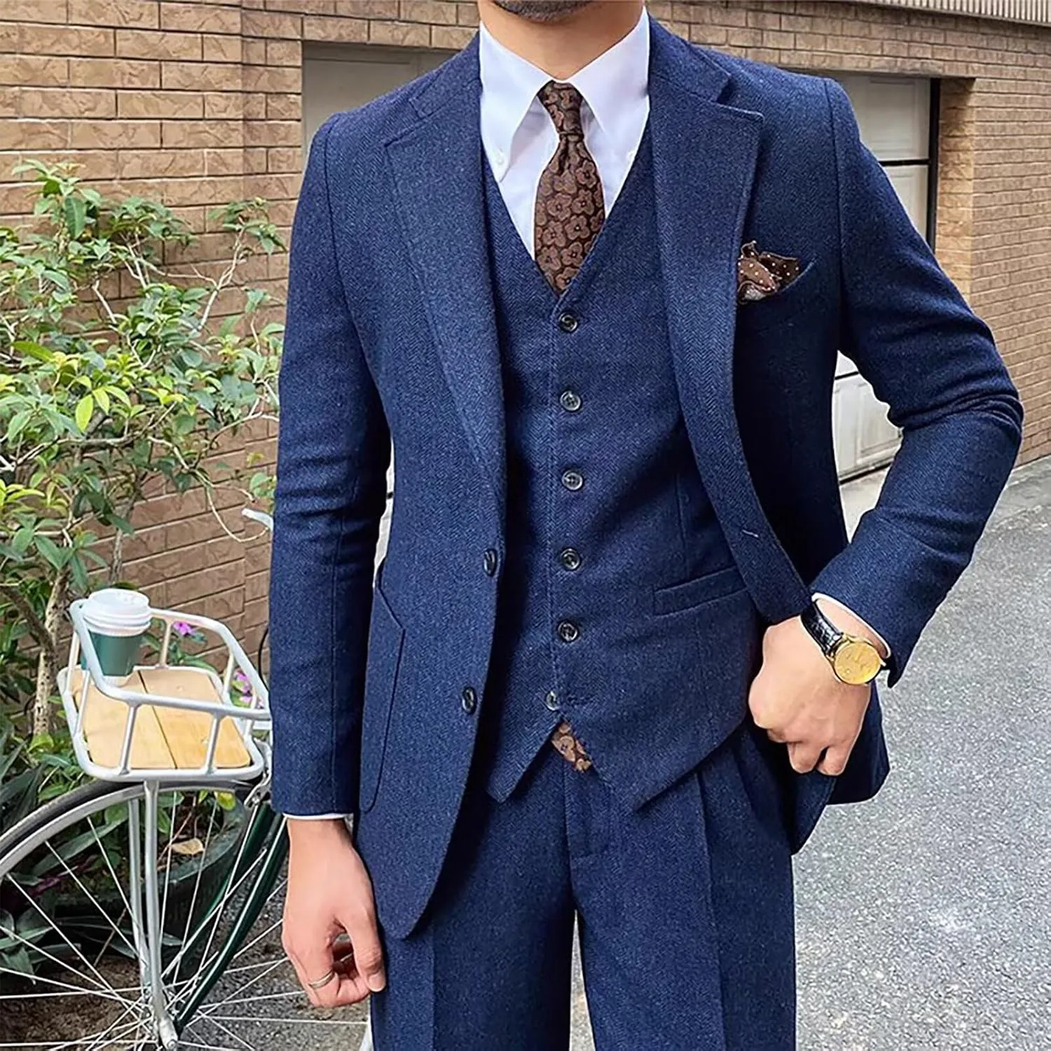 Men's Suit 3 Piece Herringbone Tweed Suit for Men Slim Fit Suit Set Formal Wedding Prom Tuxedo Business Tweed Suit