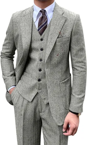 Men's Suit 3 Piece Herringbone Tweed Suit for Men Slim Fit Suit Set Formal Wedding Prom Tuxedo Business Tweed Suit