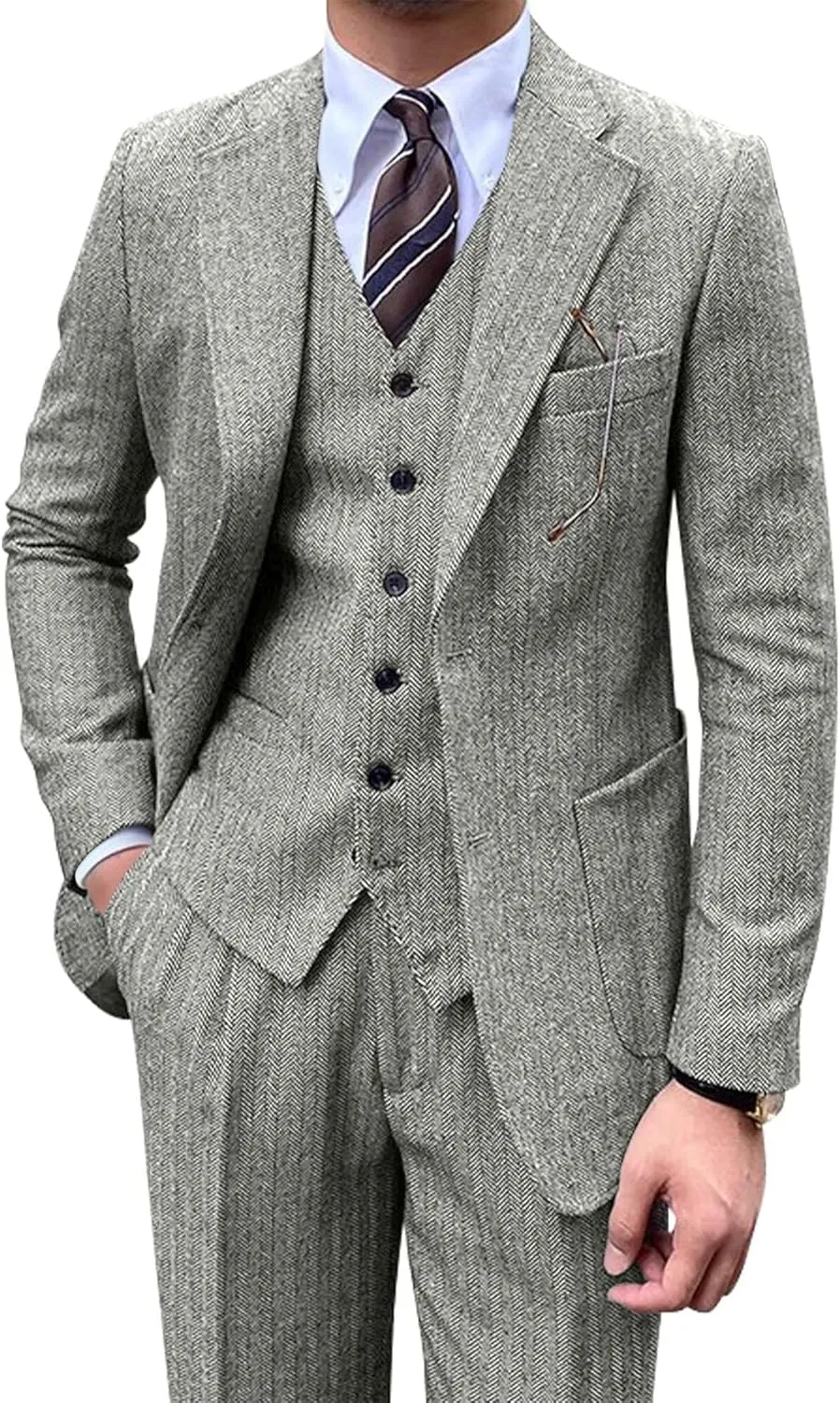 Men's Suit 3 Piece Herringbone Tweed Suit for Men Slim Fit Suit Set Formal Wedding Prom Tuxedo Business Tweed Suit