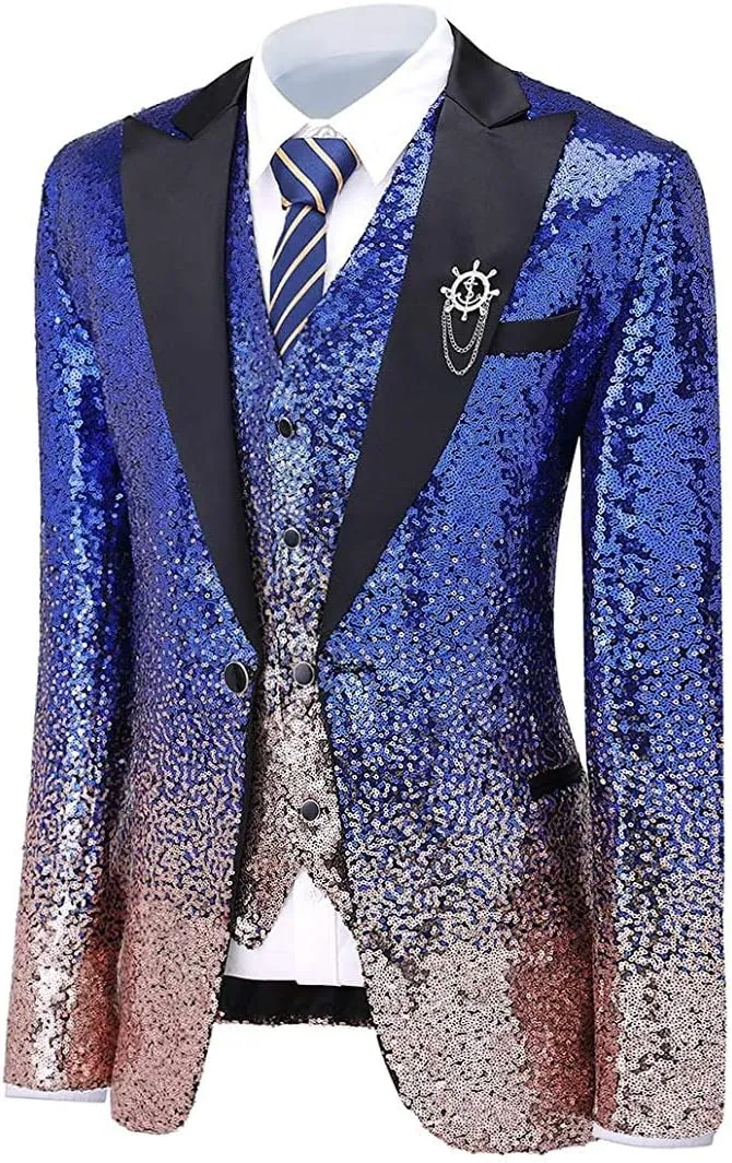 Men's Suit 3 Pieces Shiny Sequin Mens Suit Notch Lapel Tuxedo Wedding Formal Suit