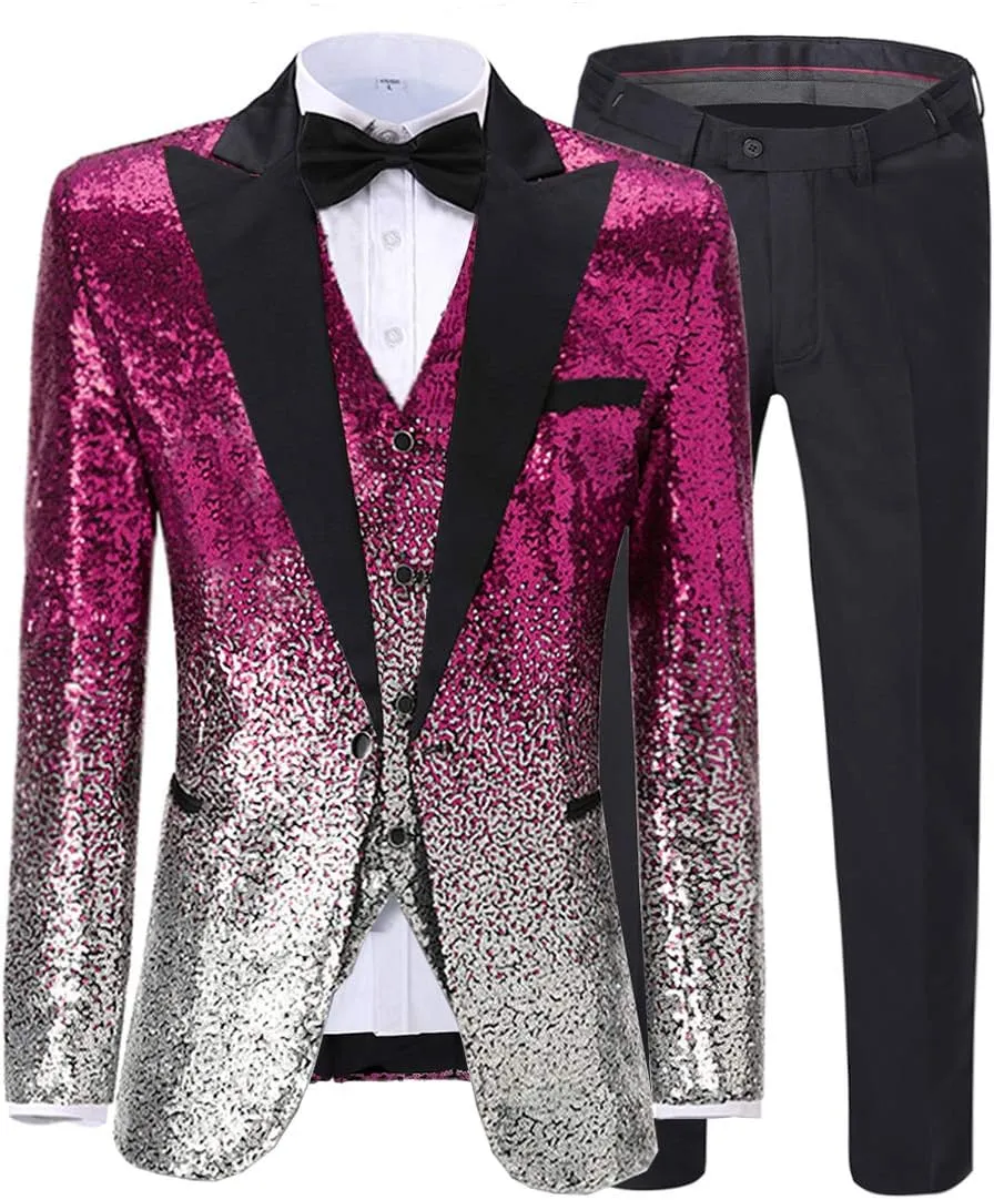 Men's Suit 3 Pieces Shiny Sequin Mens Suit Notch Lapel Tuxedo Wedding Formal Suit