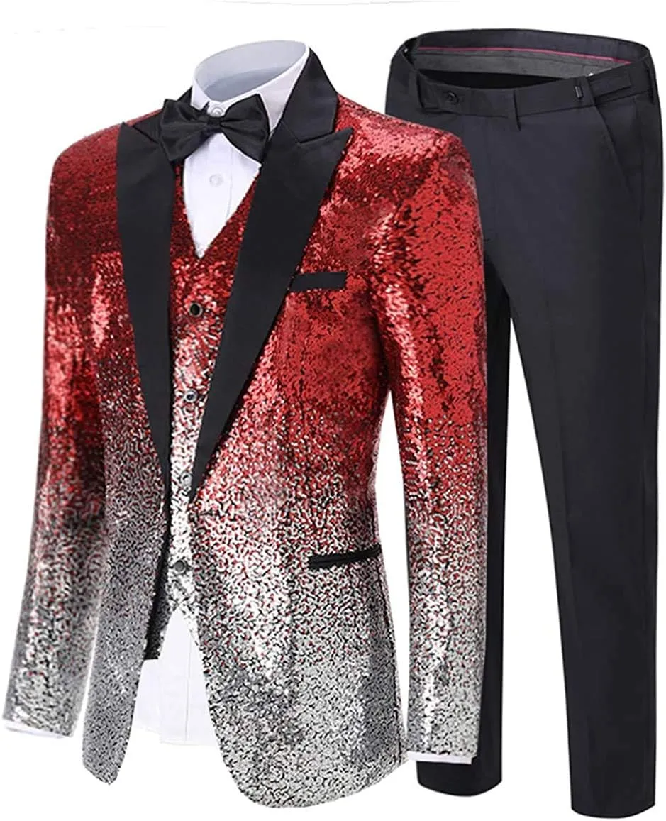 Men's Suit 3 Pieces Shiny Sequin Mens Suit Notch Lapel Tuxedo Wedding Formal Suit