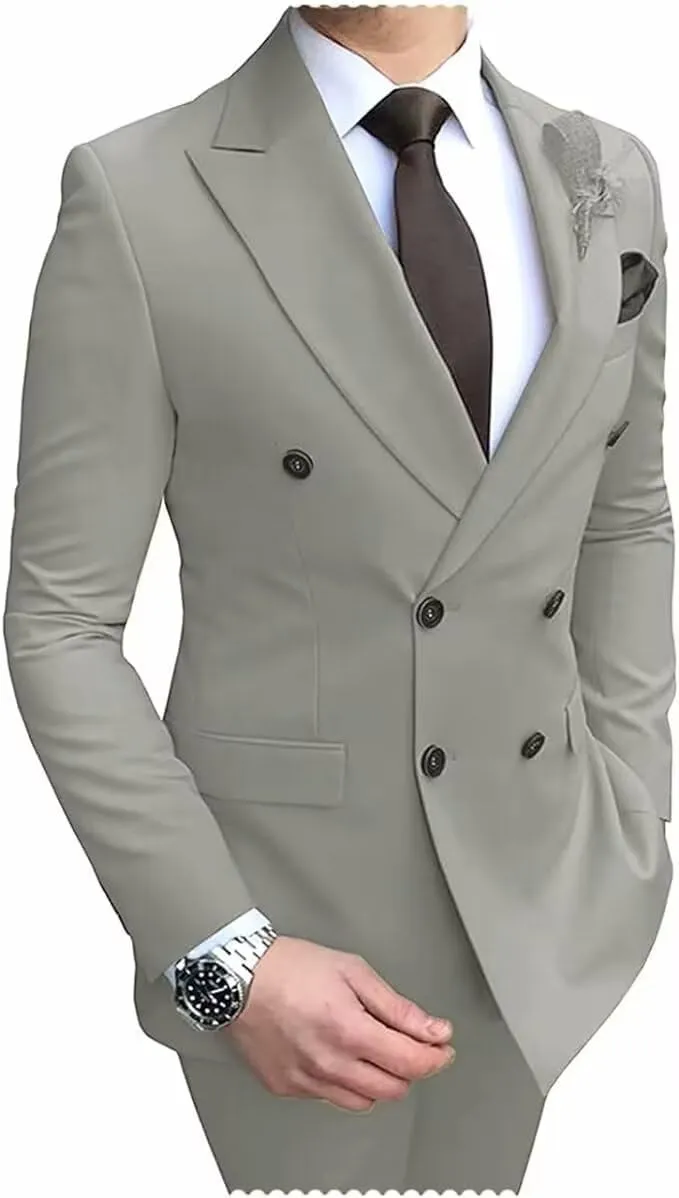 Mens Suit Slim Fit Double Breasted Suit for Men,2 Piece Suit Tuxedo Blazer Pants Suit Set for Wedding