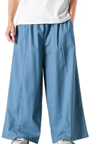 Mens Summer Linen Cotton Harem Pants Wide Leg Baggy Drawstring Bloomers Fashion Straight Leg Japanese Style Casual Trousers