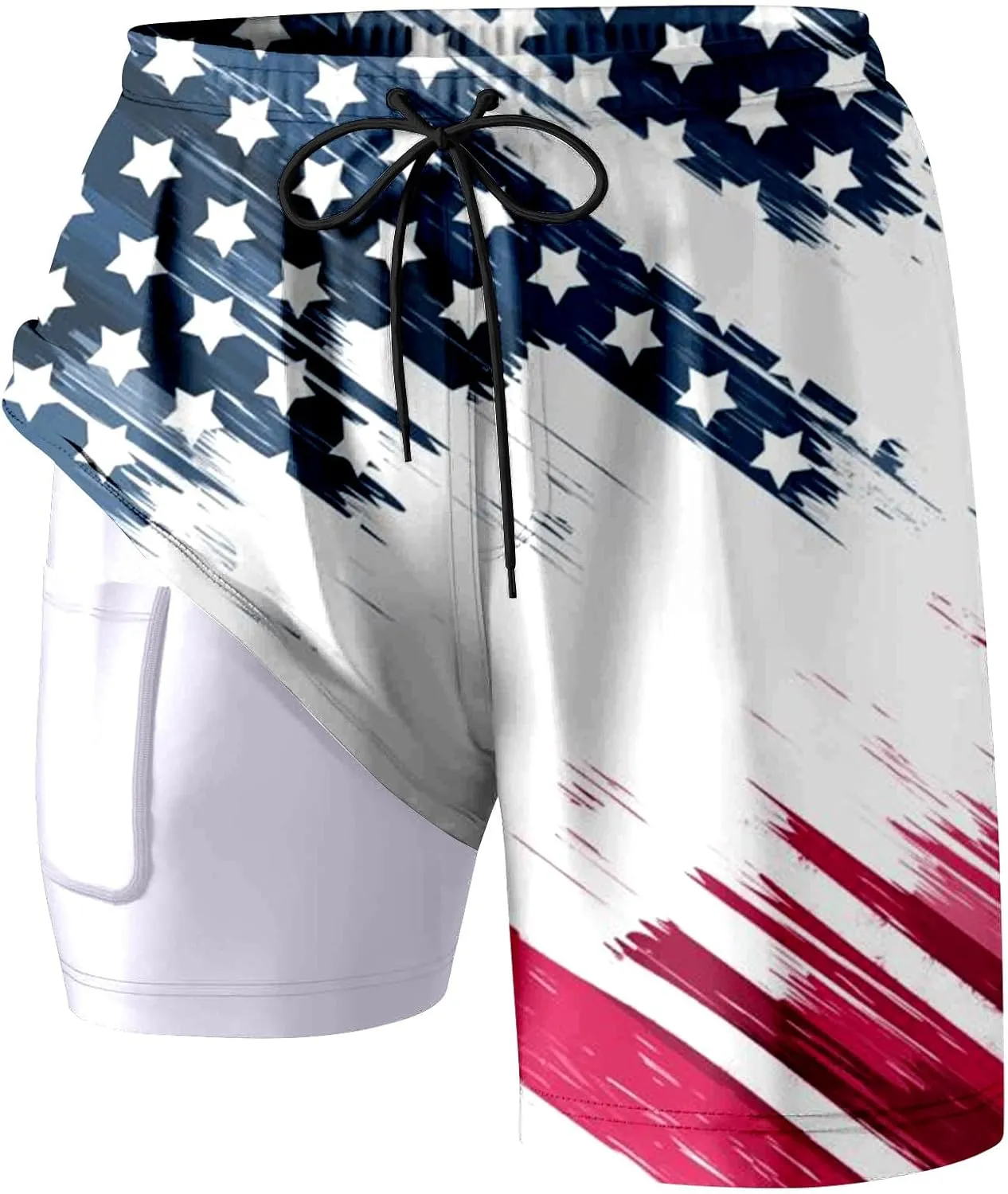 Mens Swim Trunks with Compression Liner 4Th of July Bathing Suit Quick Dry Stretch Summer Beach Swimming Shorts with Pockets