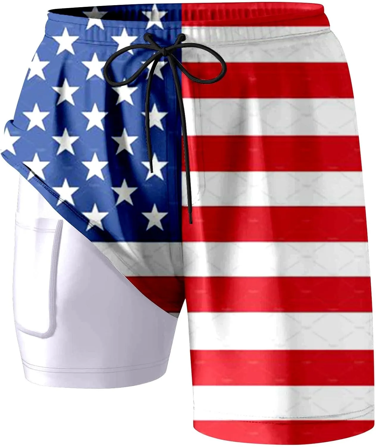 Mens Swim Trunks with Compression Liner 4Th of July Bathing Suit Quick Dry Stretch Summer Beach Swimming Shorts with Pockets