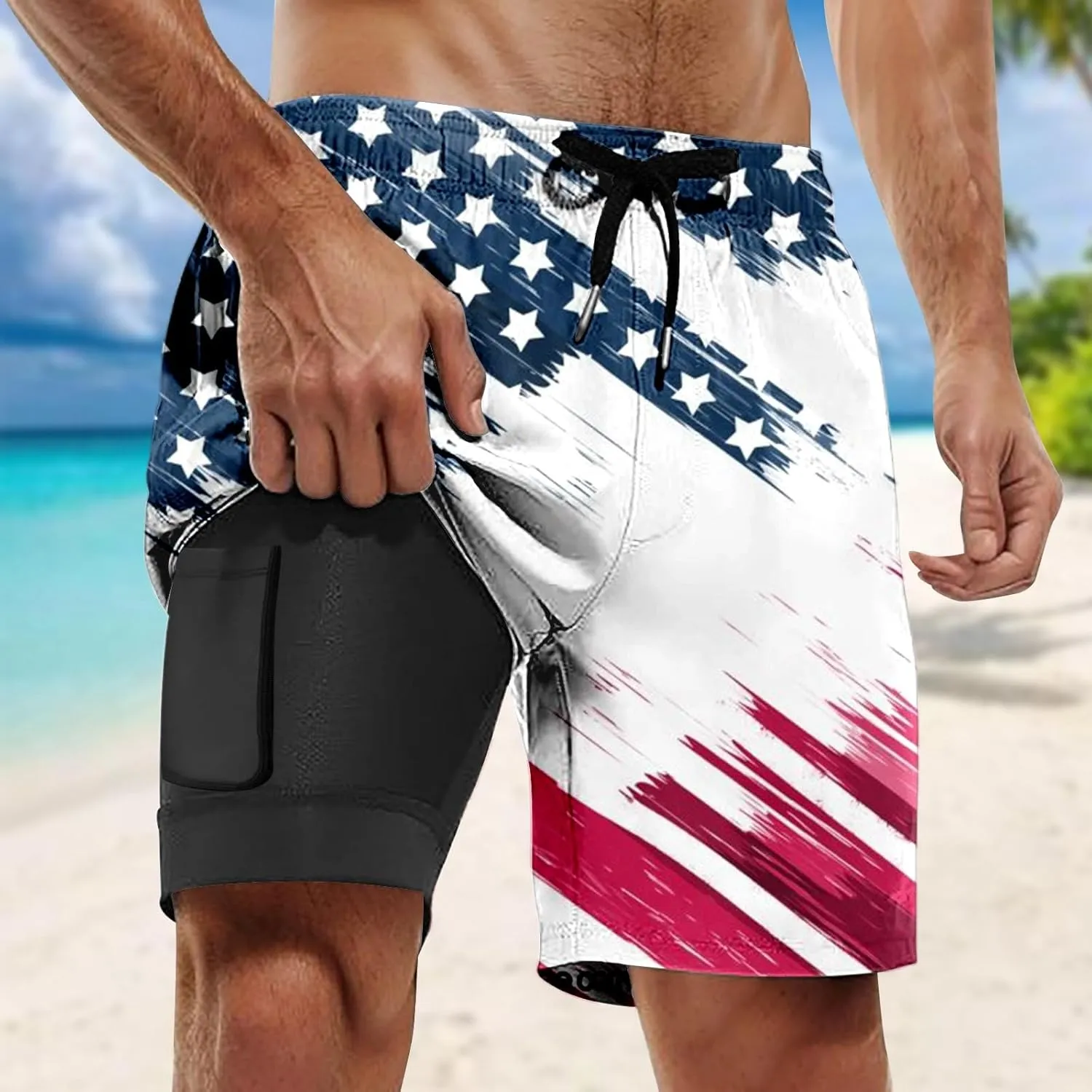 Mens Swim Trunks with Compression Liner 4Th of July Bathing Suit Quick Dry Stretch Summer Beach Swimming Shorts with Pockets