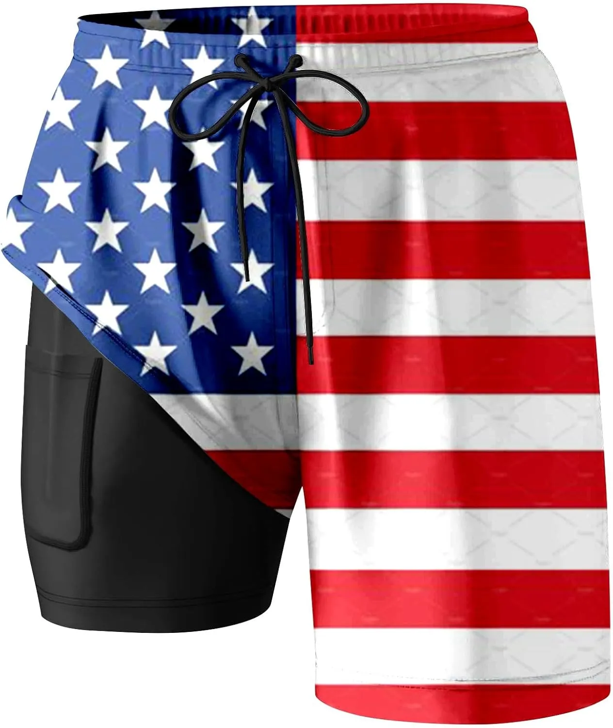 Mens Swim Trunks with Compression Liner 4Th of July Bathing Suit Quick Dry Stretch Summer Beach Swimming Shorts with Pockets